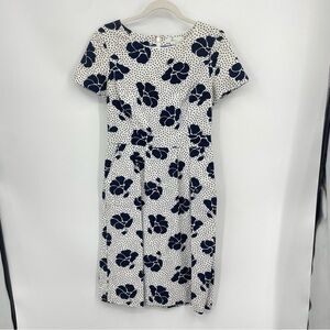 Boden Sierra White and Navy midi Dress Sz 6L long short sleeve floral